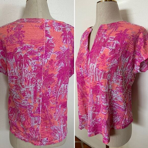 Lilly Pulitzer Sz S Duval Top Linen Pink Cheeky Melon Rule Breakers - Picture 2 of 2